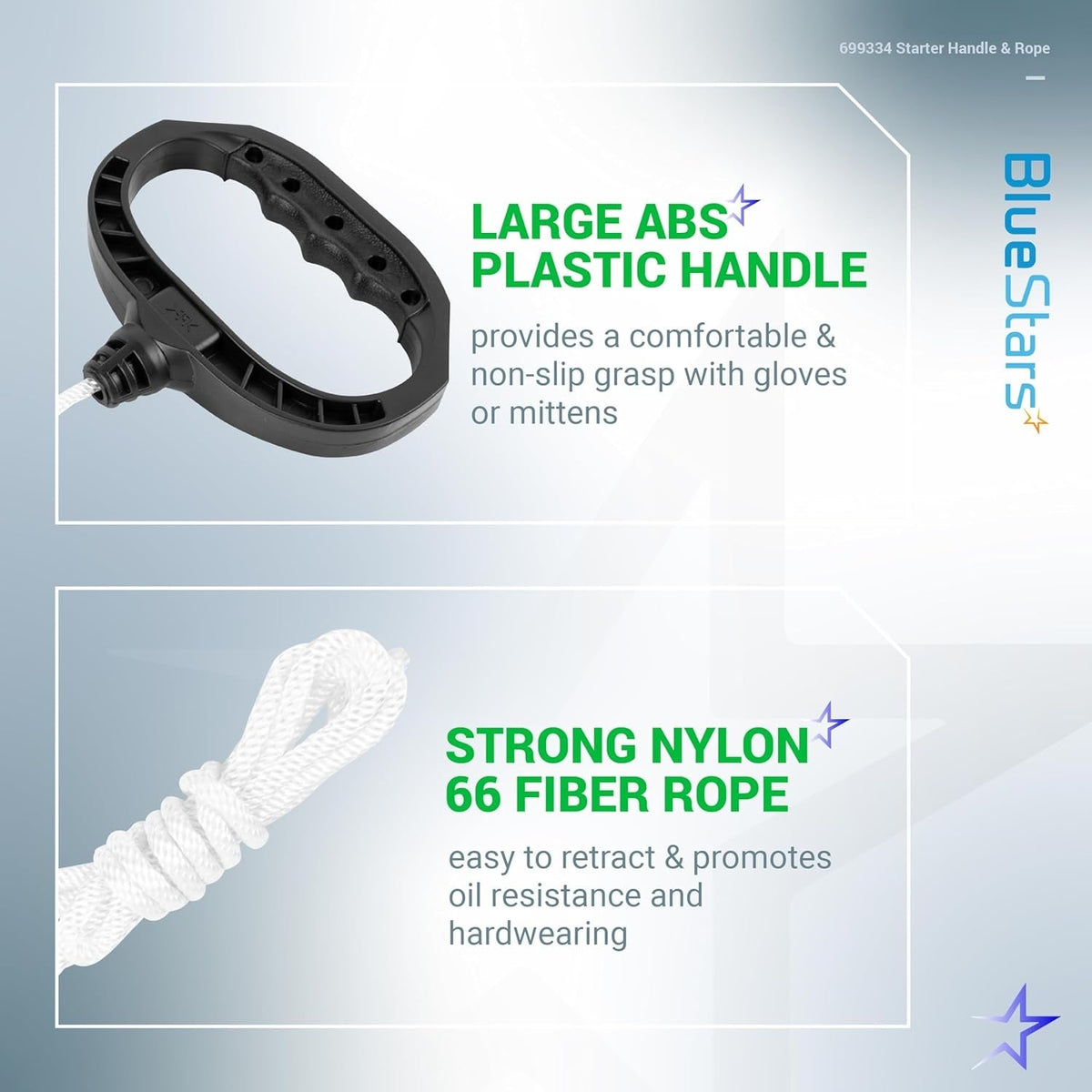 699334 starter handle and nylon rope showing large ABS plastic grip and durable fiber cord features.