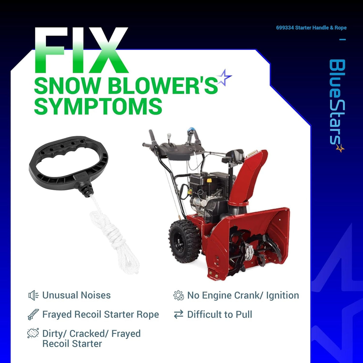 699334 starter handle and rope for snow blower repair with troubleshooting guide.