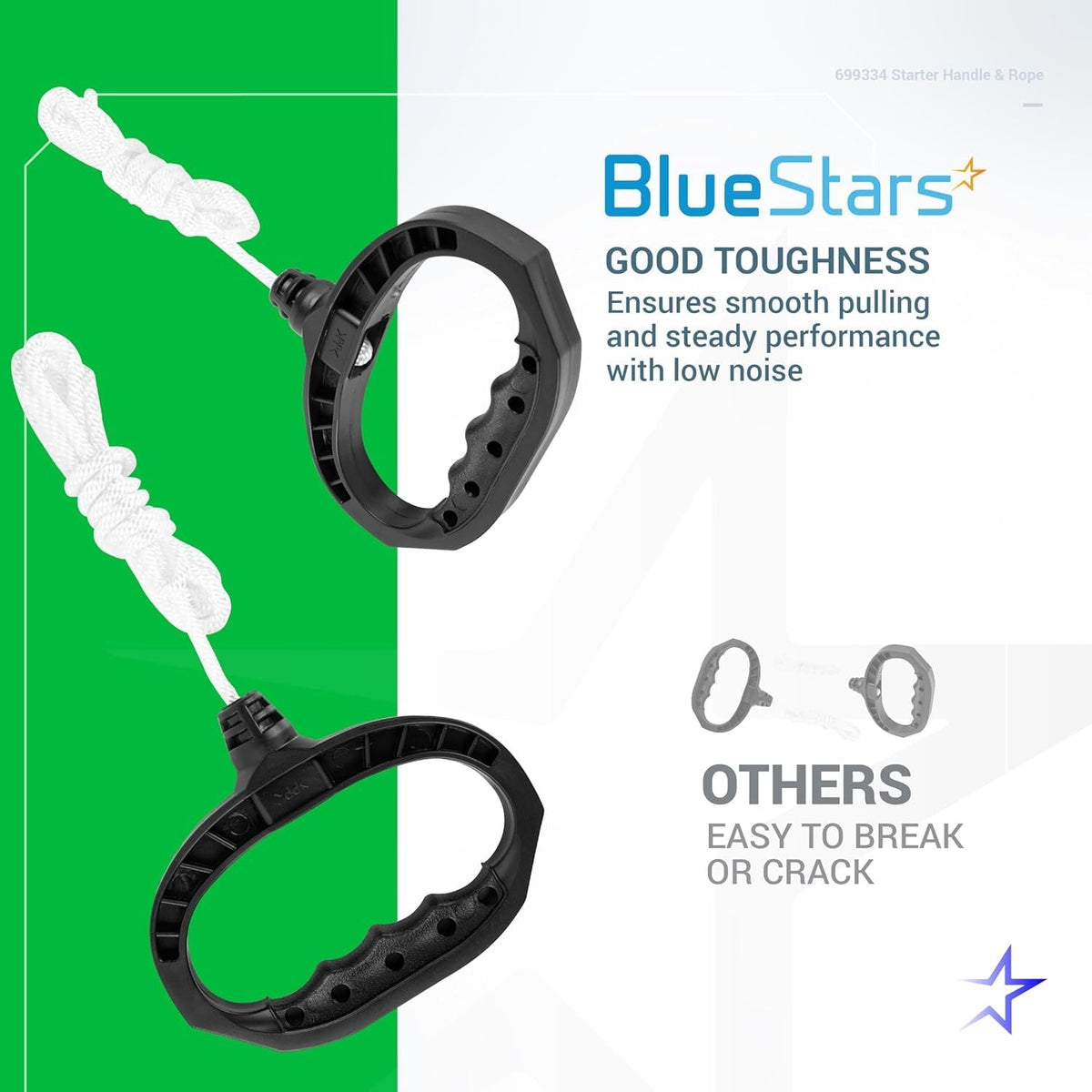 BlueStars 699334 starter handle and rope comparison graphic showing durable design versus brittle alternatives.