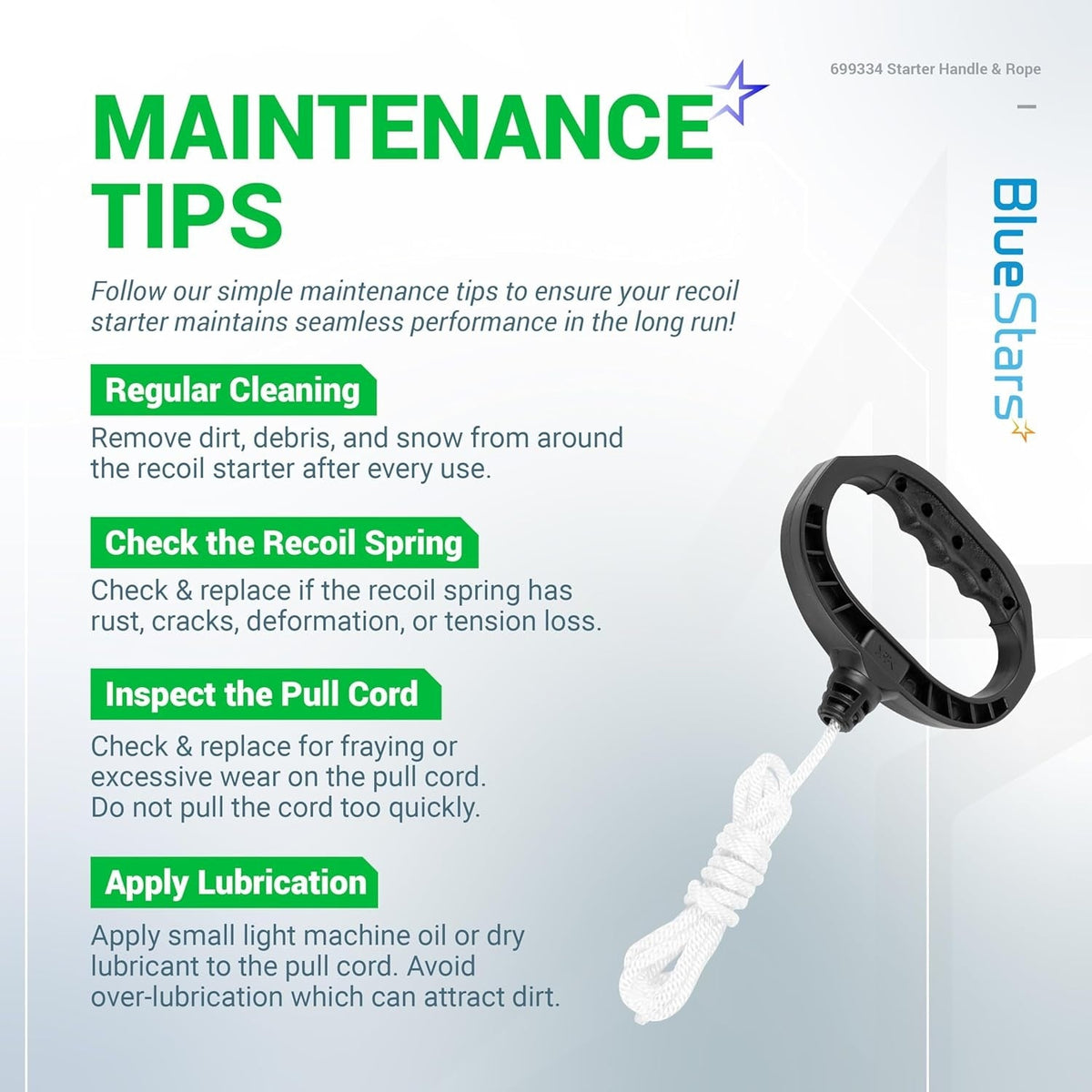 Infographic showing 699334 starter handle and rope with maintenance tips for recoil starters.