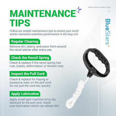 Infographic showing 699334 starter handle and rope with maintenance tips for recoil starters.