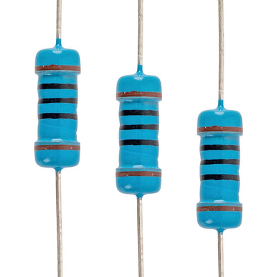 Three blue 1W 100 ohm metal film fixed resistors with color-coded bands isolated on a white background.