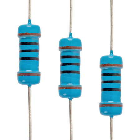 Three blue 1W 100 ohm metal film fixed resistors with color-coded bands isolated on a white background.