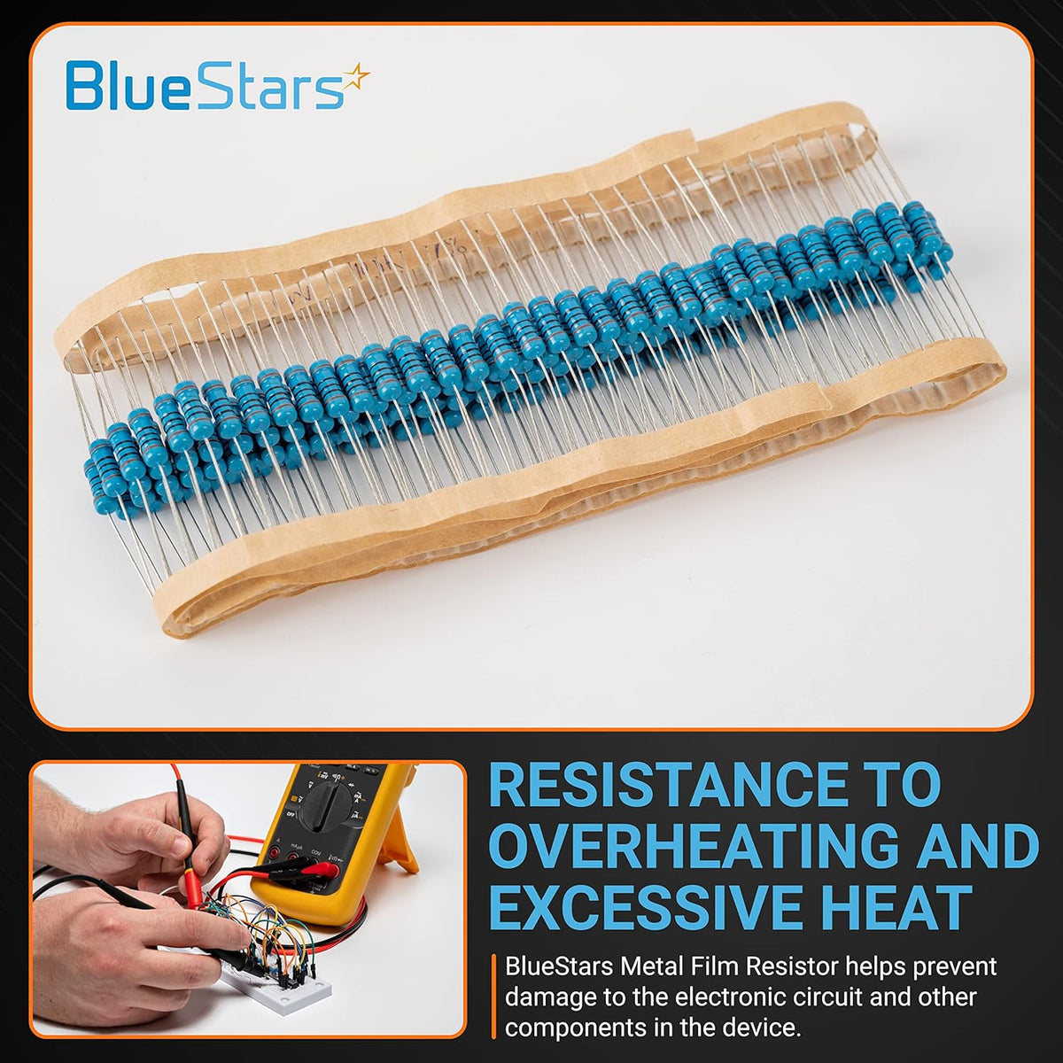 BlueStars 1W 100 ohm metal film fixed resistors arranged in a strip for electronic circuit repair.
