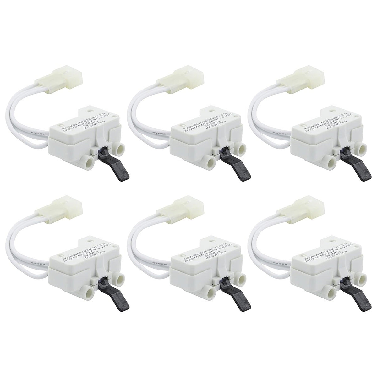 Pack of six 3406107 dryer door switches for Whirlpool, Maytag, and Kenmore dryers.