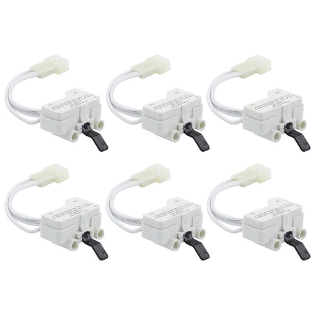 Pack of six 3406107 dryer door switches for Whirlpool, Maytag, and Kenmore dryers.