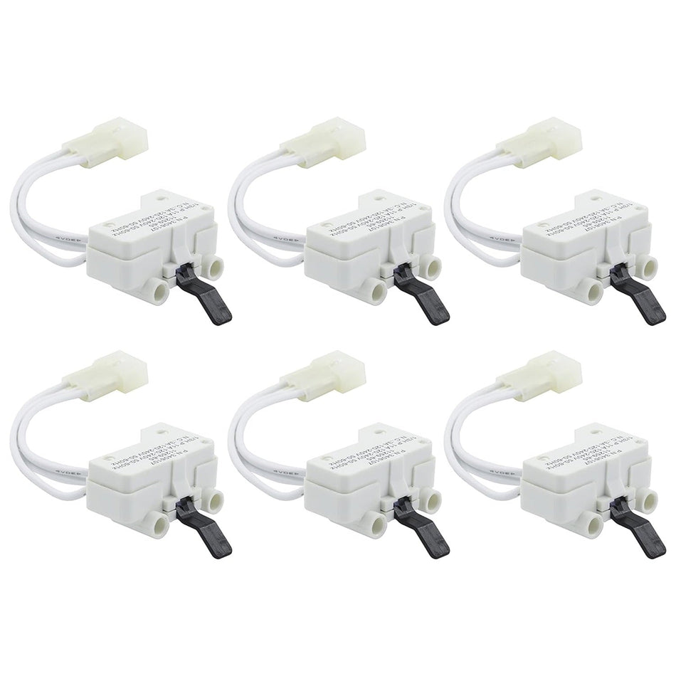Pack of six 3406107 dryer door switches for Whirlpool, Maytag, and Kenmore dryers.