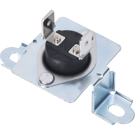 137032600 Dryer Thermal Limiter, front view showing black thermostat on a metal mounting bracket