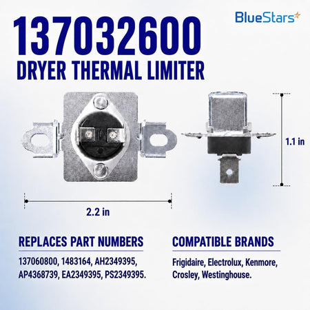137032600 Dryer Thermal Limiter, front and side views with 2.2 in and 1.1 in dimensions