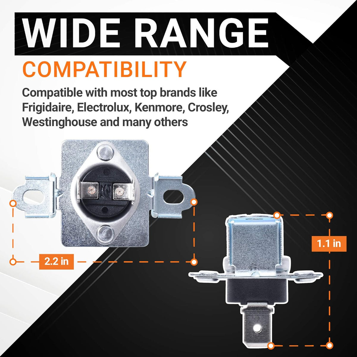 137032600 dryer thermal limiter showing dimensions and compatibility for Frigidaire, Kenmore, and Electrolux dryers.