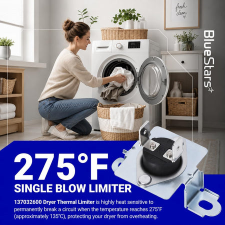 137032600 Dryer Thermal Limiter, product graphic showing limiter with dryer loading scene and 275°F single-blow label