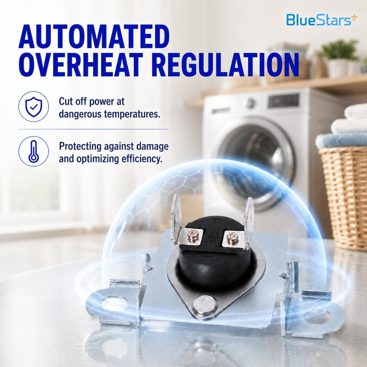 137032600 Dryer Thermal Limiter, close-up product view with dryer background and automated overheat regulation graphic