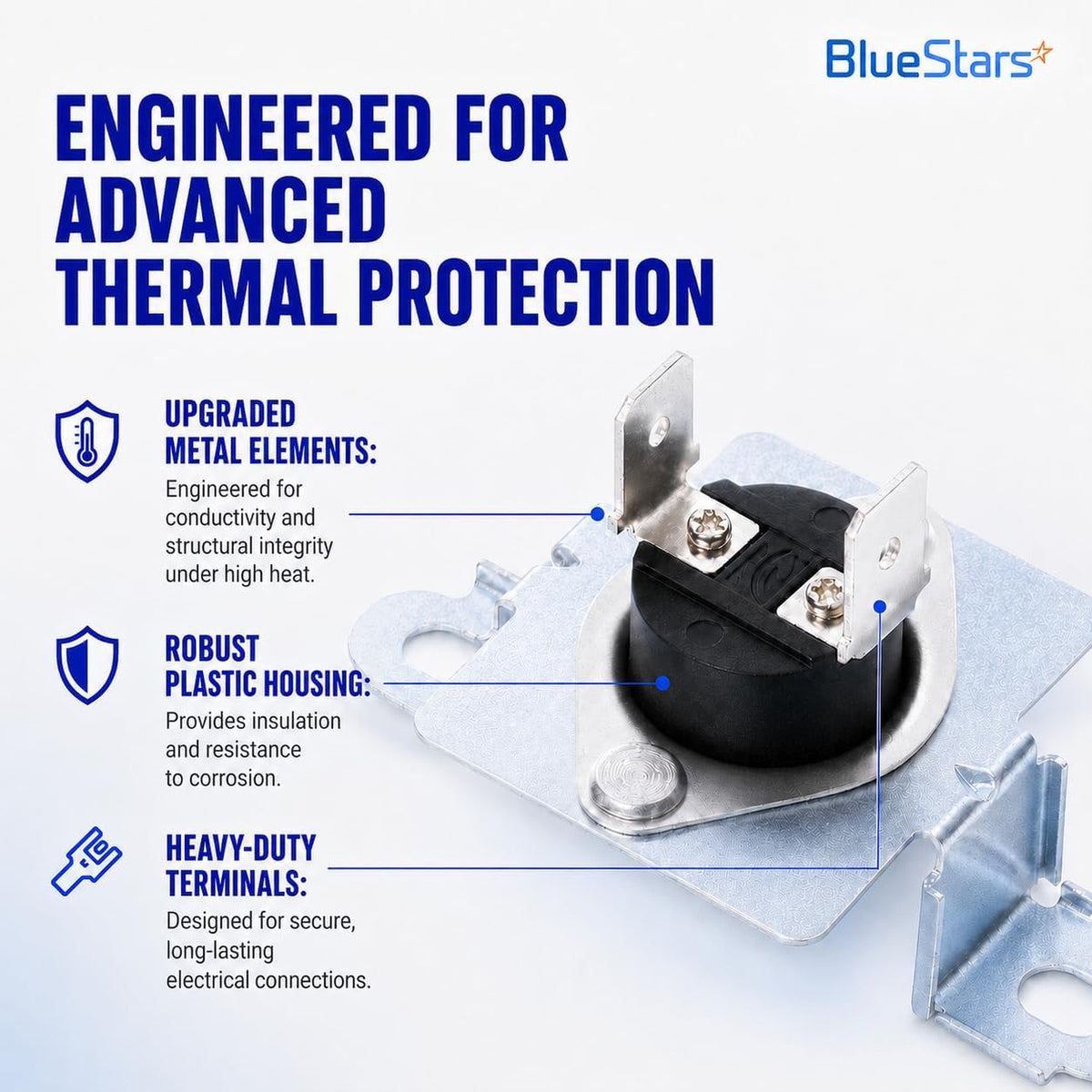 137032600 Dryer Thermal Limiter, close-up graphic highlighting metal elements, plastic housing, and heavy-duty terminals.