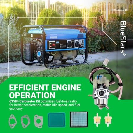 63584 carburetor kit for Predator 3500W inverter generator including carburetor, gaskets, air filter, and fuel filters.