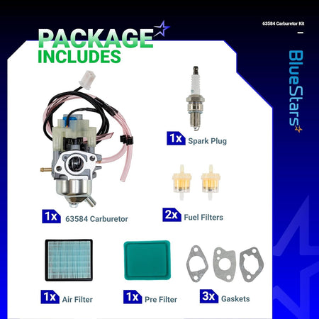 63584 carburetor kit for Predator 3500W generator including carburetor, spark plug, fuel filters, filters, and gaskets.