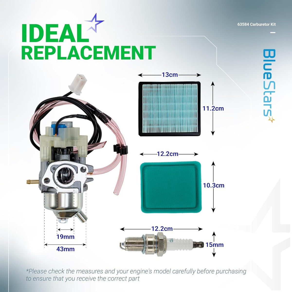 63584 carburetor kit for Predator 3500W generator with dimension labels for carburetor, air filters, and spark plug.