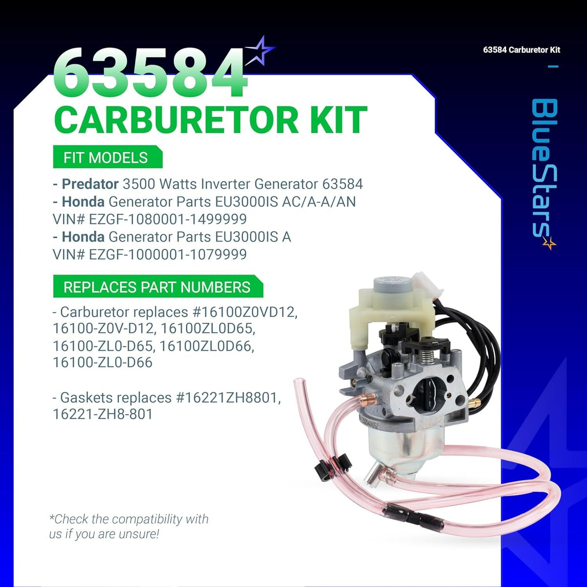 Replacement carburetor for Predator 3500W inverter generator with attached fuel lines and mounting bracket.