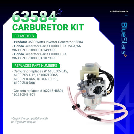 Replacement carburetor for Predator 3500W inverter generator with attached fuel lines and mounting bracket.