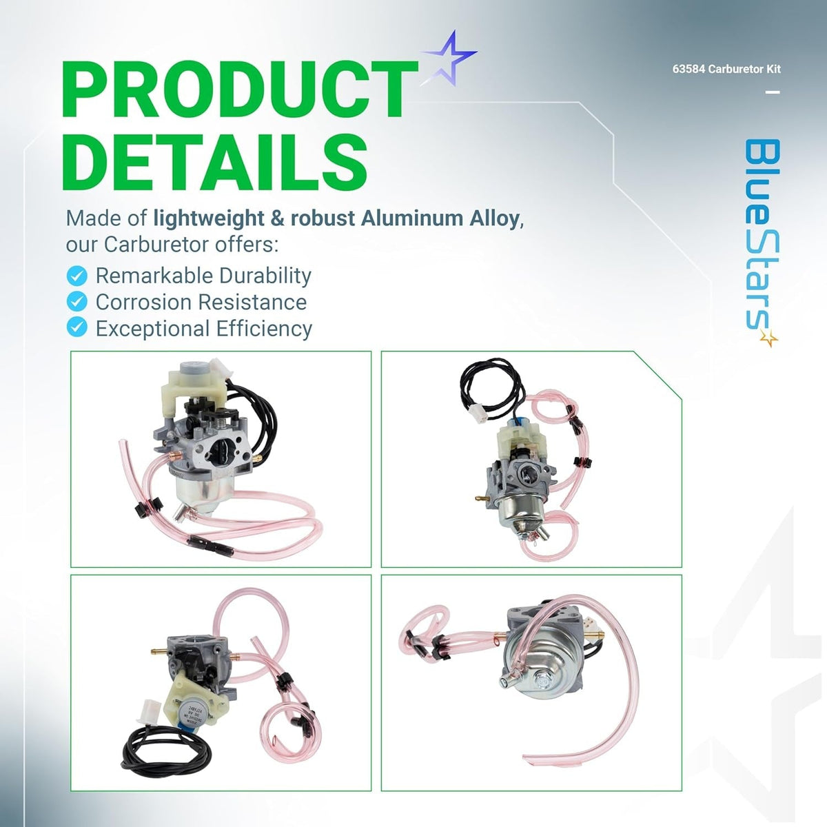 Product detail graphic showing multiple angles of the 63584 carburetor for Predator 3500W inverter generators.