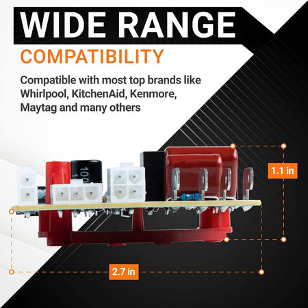 Side view of W10366605 refrigerator defrost control board showing dimensions and brand compatibility information.