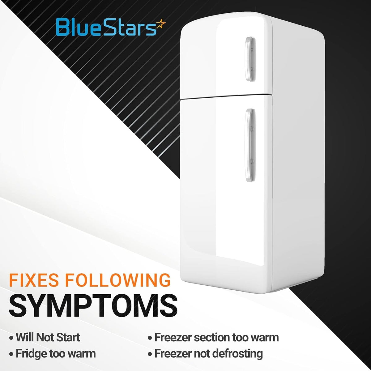 Infographic showing refrigerator symptoms fixed by W10366605 defrost control board for Whirlpool and Kenmore models.