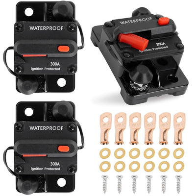 Set of three 300A waterproof circuit breakers with copper ring terminals, washers, and mounting screws.