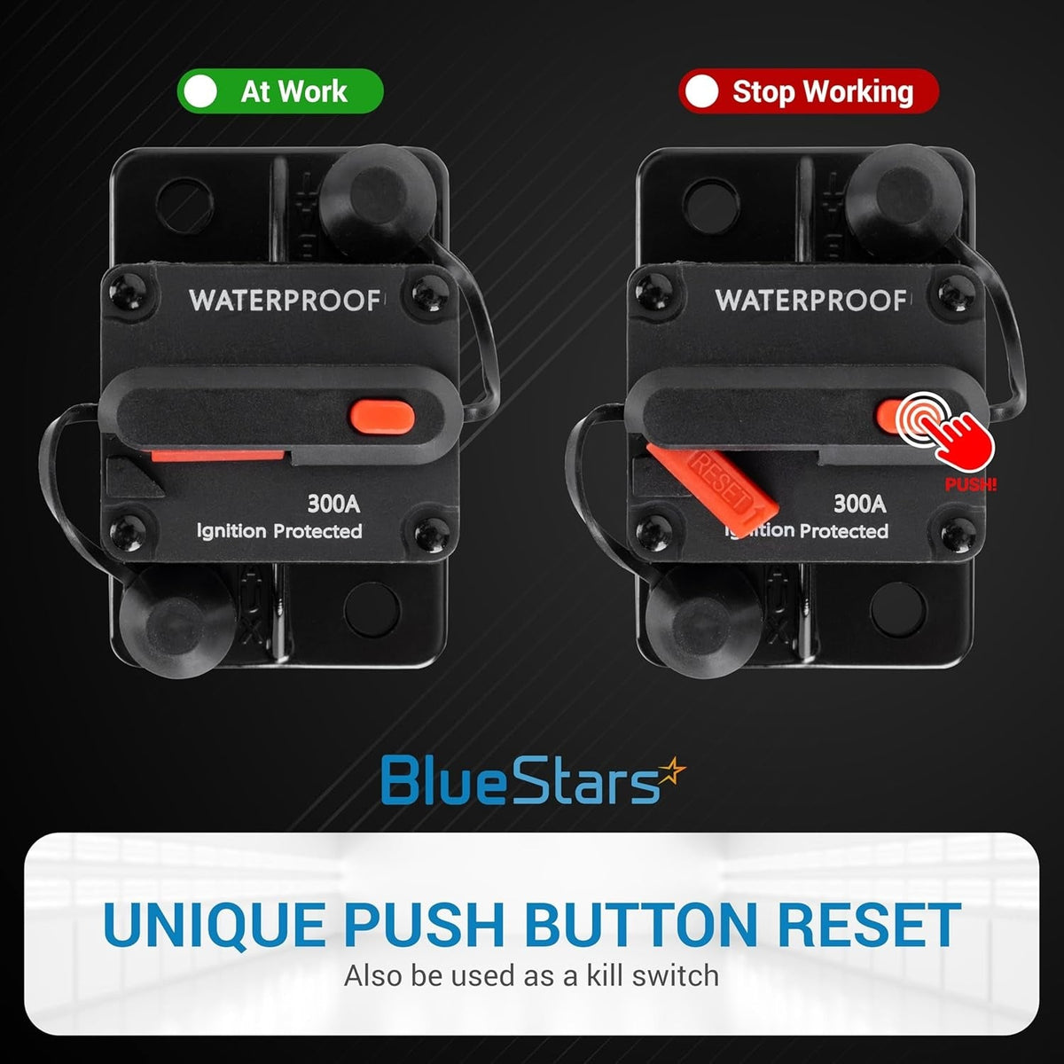 Diagram showing 300A waterproof circuit breaker operation with push button reset and kill switch functionality.