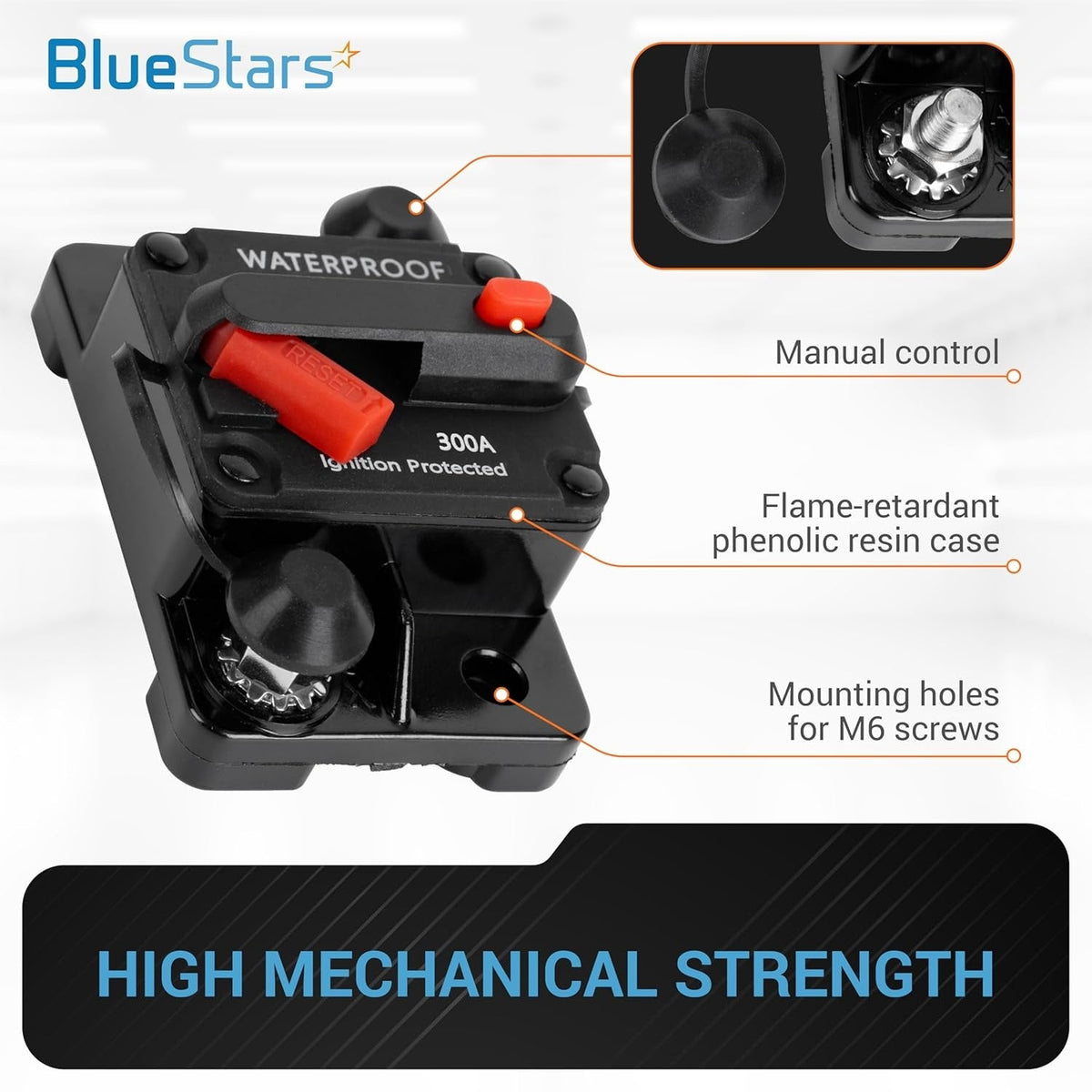 300A waterproof circuit breaker with manual reset button and mounting holes, showing product features and specifications.