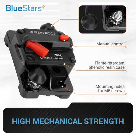 300A waterproof circuit breaker with manual reset button and mounting holes, showing product features and specifications.