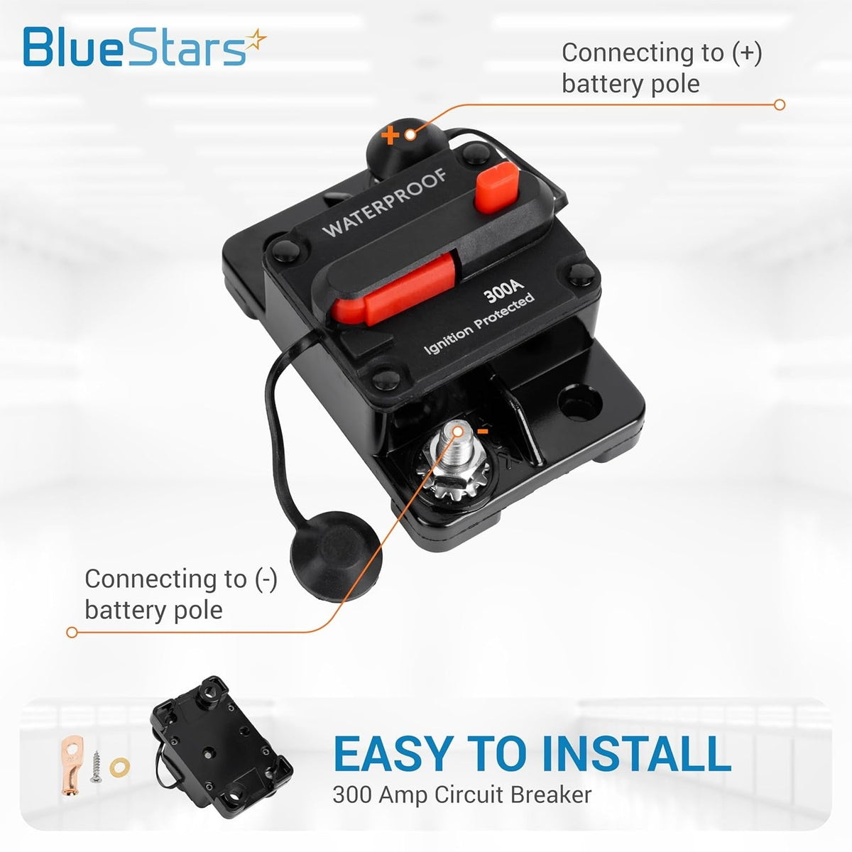 Single 300Amp waterproof circuit breaker with battery pole connection diagram and installation hardware.