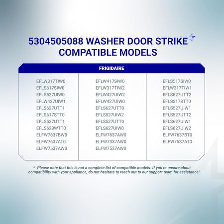 Compatibility chart for 5304505088 washer door strike listing compatible Frigidaire and Electrolux washing machine models.