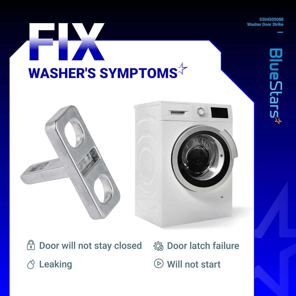 5304505088 washer door strike replacement part shown with a washing machine to illustrate common door latch symptoms.