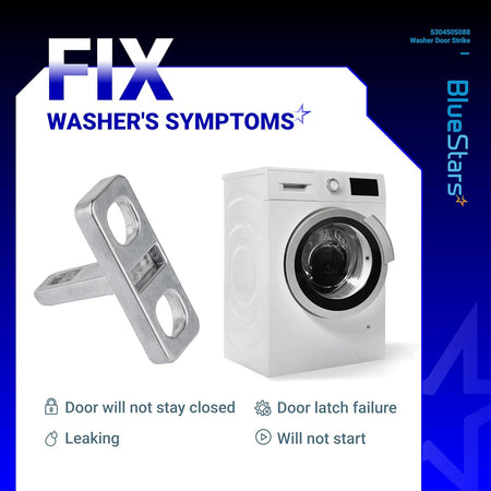 5304505088 washer door strike replacement part shown with a washing machine to illustrate common door latch symptoms.