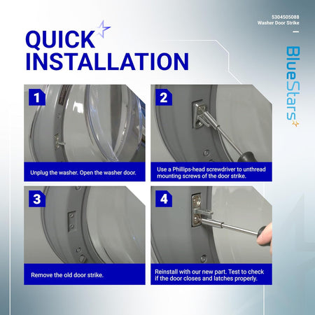 Four-step installation guide for 5304505088 washer door strike on Frigidaire and Electrolux washing machines.