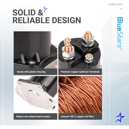 Infographic showing construction details of 12V gas golf cart solenoid 1013609 1012275 with copper terminals and coil.