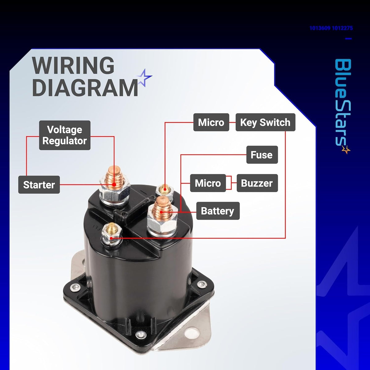 Wiring diagram for 12V gas golf cart solenoid 1013609 1012275 showing terminal connections.