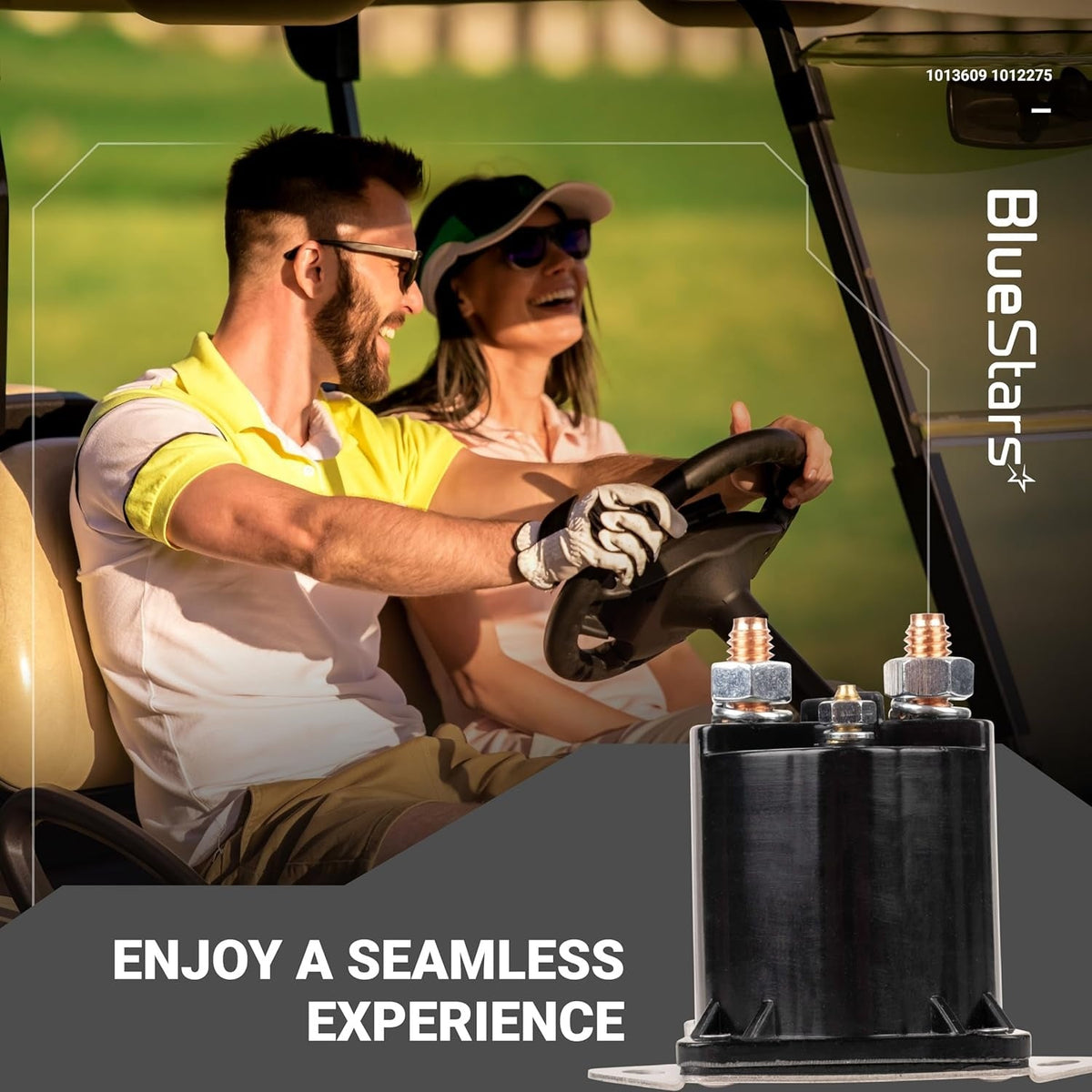 12V gas golf cart solenoid replacement part 1013609 1012275 shown in a lifestyle graphic.