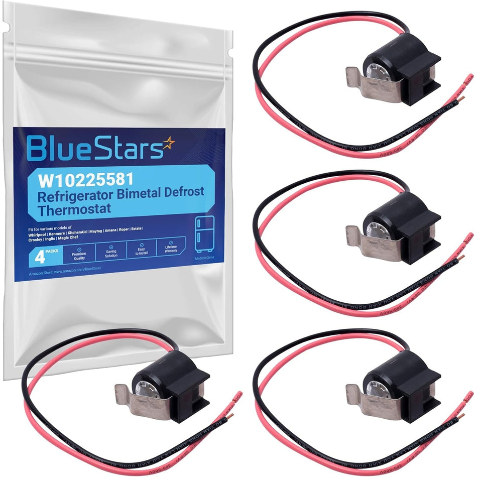 Four W10225581 refrigerator bimetal defrost thermostats with wiring harnesses and retail packaging.
