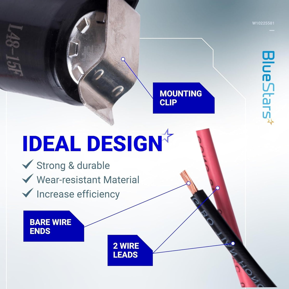 W10225581 refrigerator bimetal defrost thermostat showing mounting clip and bare wire lead design features.