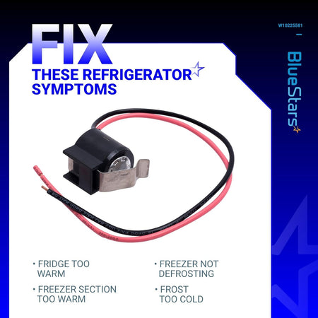 W10225581 refrigerator bimetal defrost thermostat with wire leads and mounting clip for Whirlpool and Kenmore fridges.
