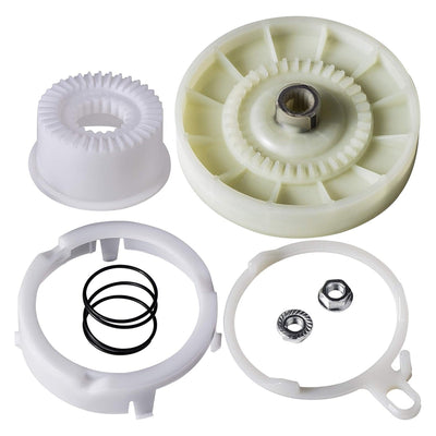 W10721967 splutch cam kit components including plastic gears, spring, and hardware for Whirlpool and Kenmore washers.