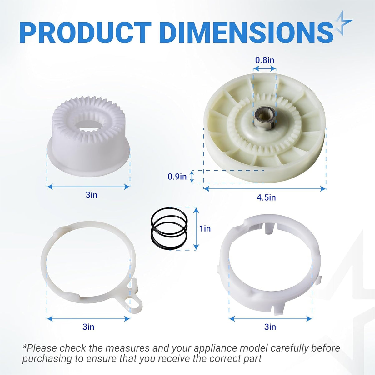W10721967 Splutch Cam Kit components with labeled dimensions for Whirlpool and Kenmore washers.