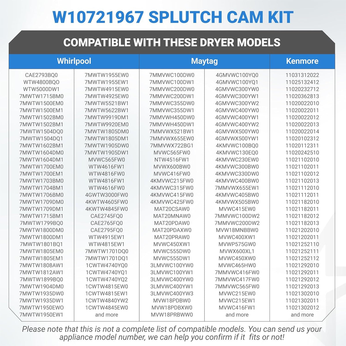 Compatibility chart for W10721967 Splutch Cam Kit listing Whirlpool, Maytag, and Kenmore washer model numbers.