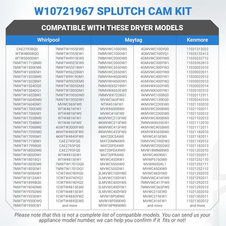 Compatibility chart for W10721967 Splutch Cam Kit listing Whirlpool, Maytag, and Kenmore washer model numbers.