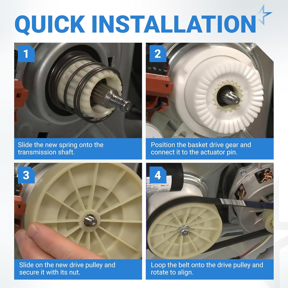 Four-step installation guide for W10721967 splutch cam kit on Whirlpool and Kenmore washer transmission shafts.