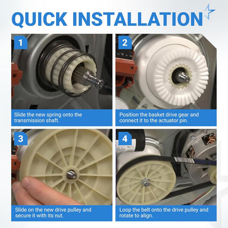 Four-step installation guide for W10721967 splutch cam kit on Whirlpool and Kenmore washer transmission shafts.