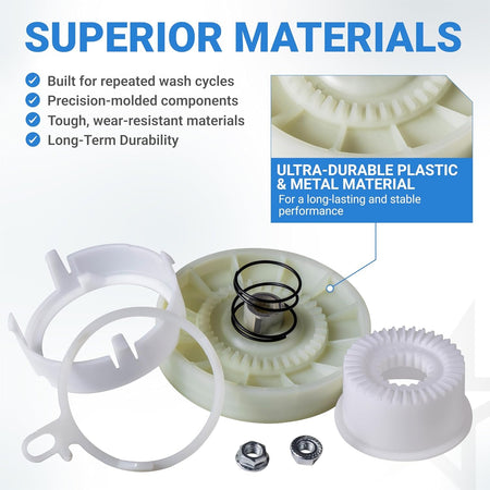 W10721967 splutch cam kit components showing durable plastic and metal construction for Whirlpool and Kenmore washers.