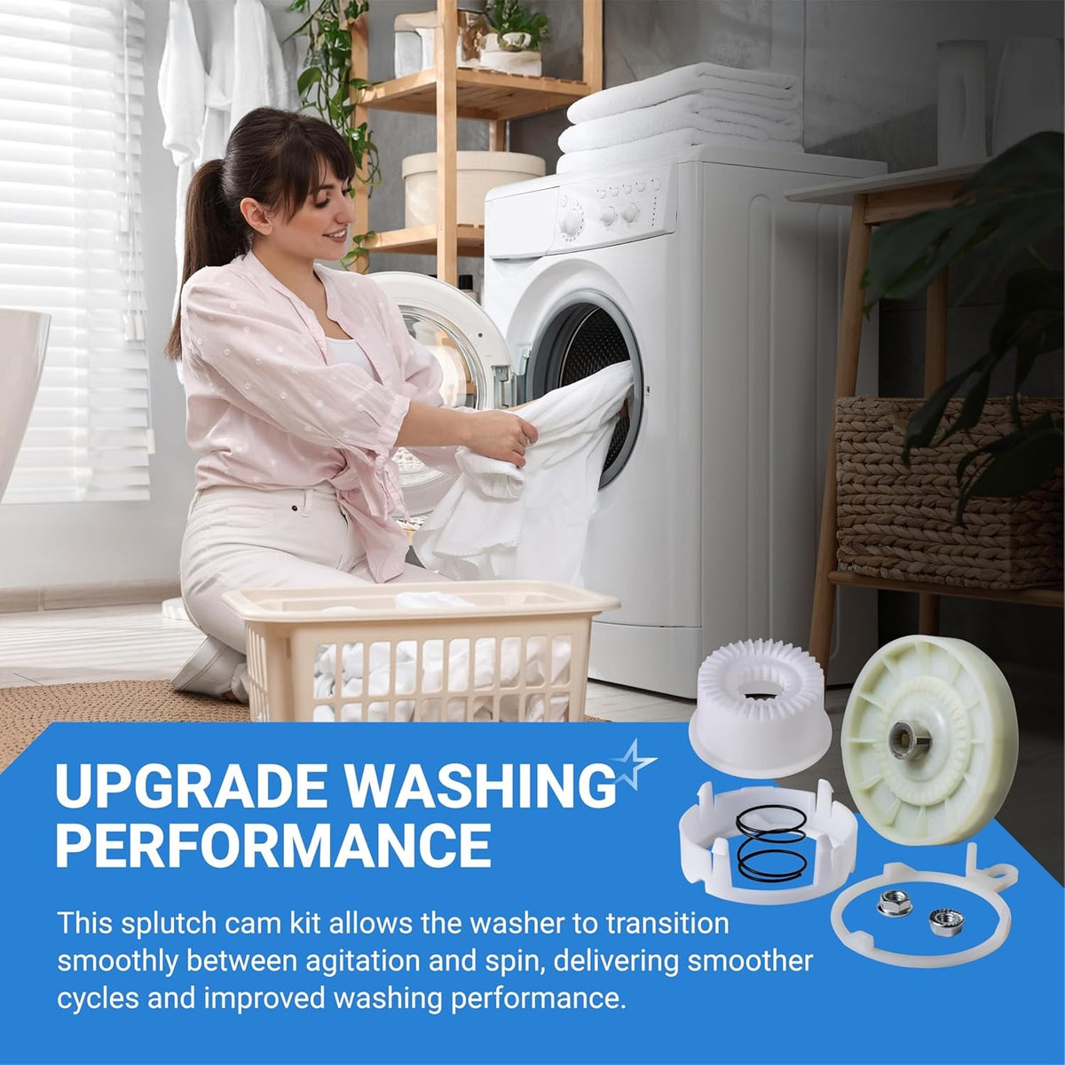 W10721967 Splutch Cam Kit components for Whirlpool and Kenmore washers shown with lifestyle background.