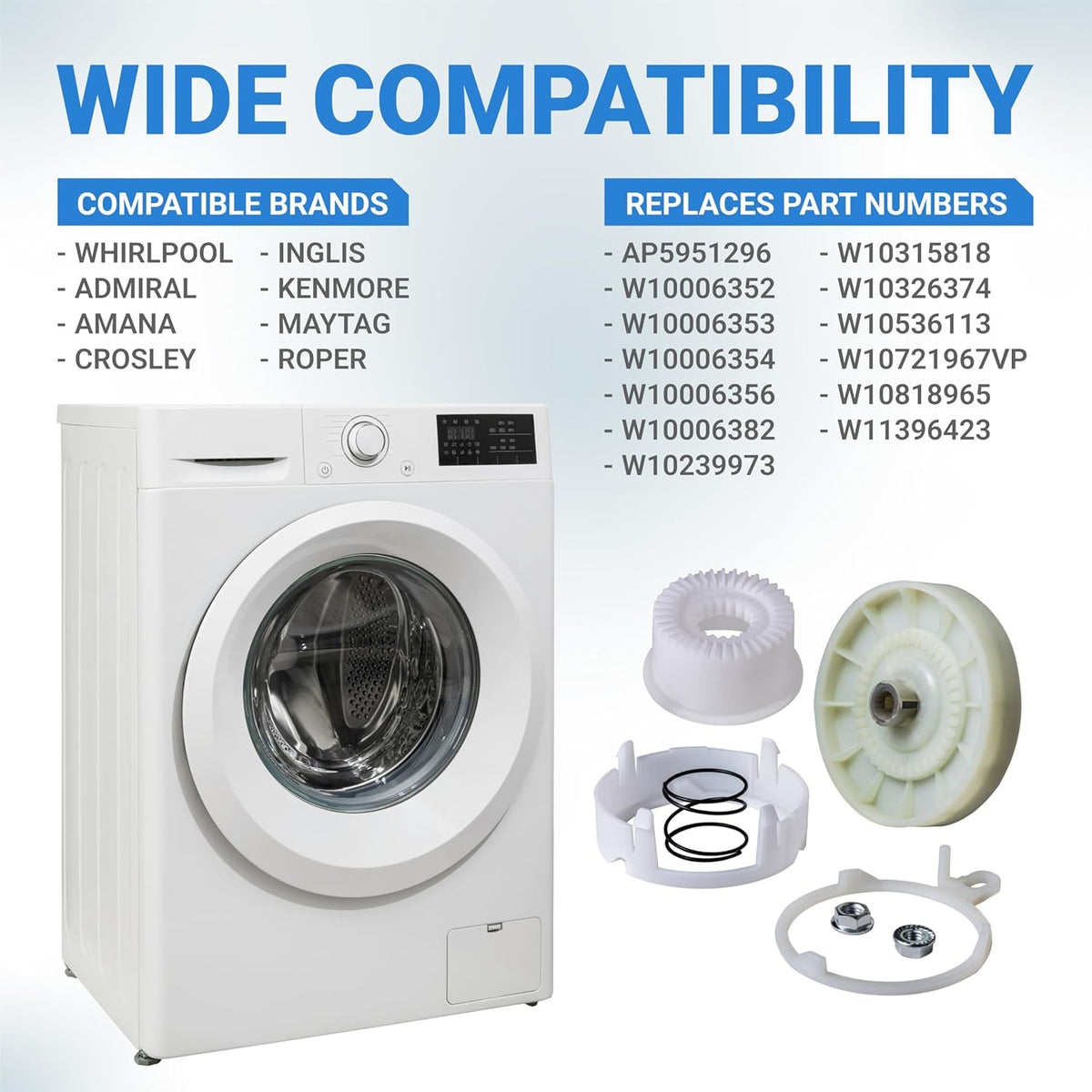 W10721967 Splutch Cam Kit compatibility chart showing washer, replacement parts, and compatible brand list.