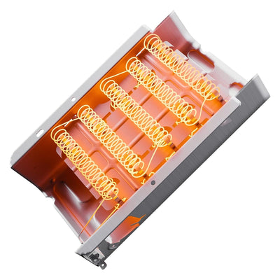 Replacement dryer heating element for Whirlpool, Maytag, and Kenmore dryers with exposed heating coils.